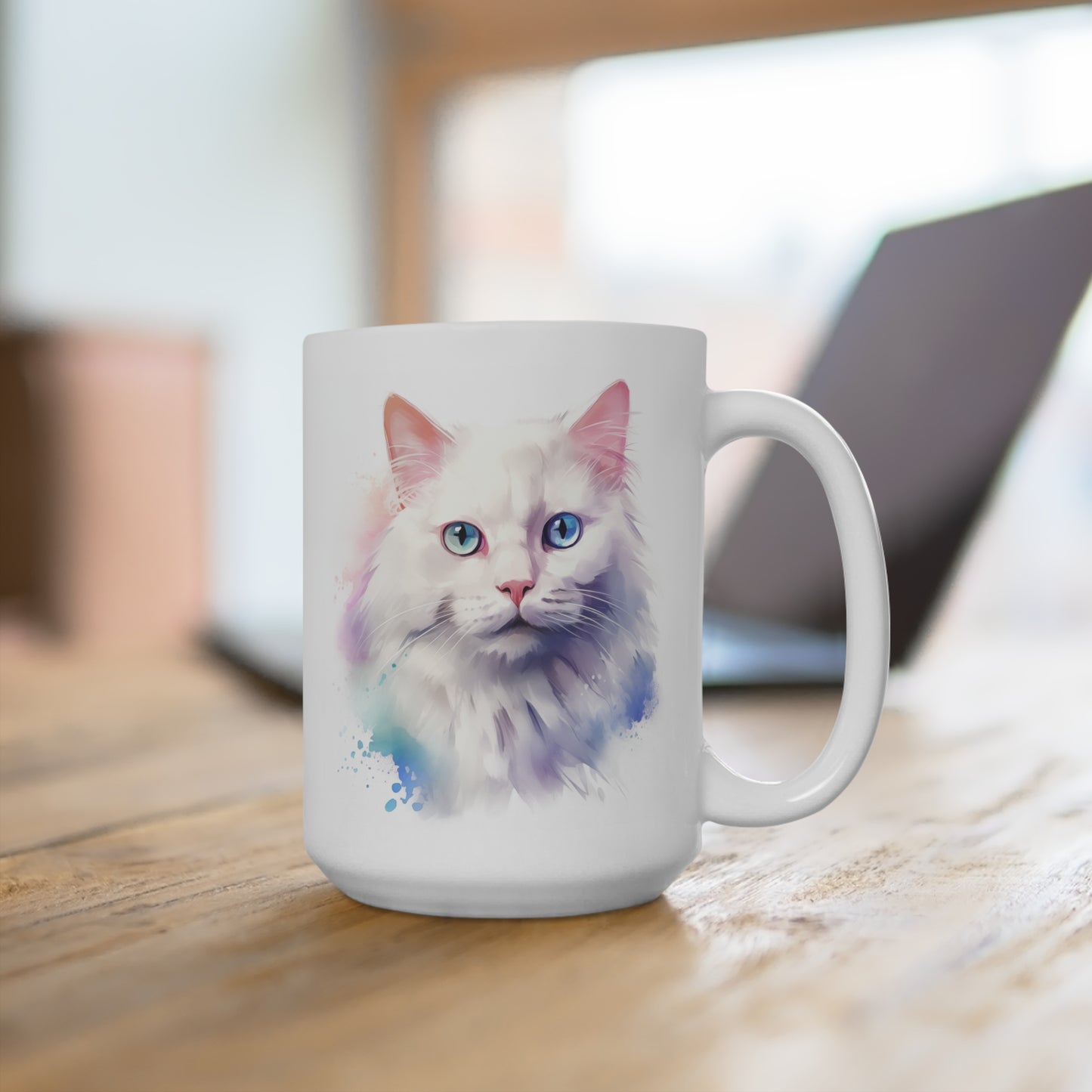 White Cat Mug - Cute Animal Coffee Cup, 15oz Ceramic Tea Mug, Cat Lover Gift, Pet Owner Present, Adorable Kitty Drinkware