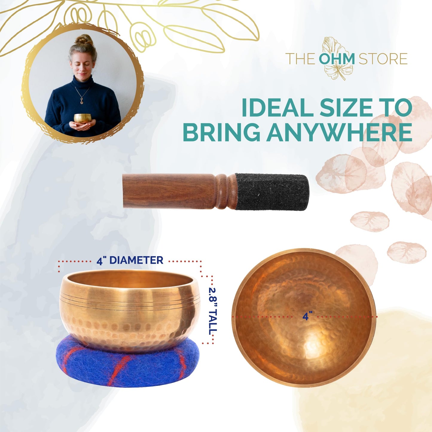 Ohm Store Tibetan Singing Bowl Set — Meditation Sound Bowl Handcrafted in Nepal for Yoga, Chakra Healing, Mindfulness, and Stress Relief — Unique Spiritual Gifts for Women and Men