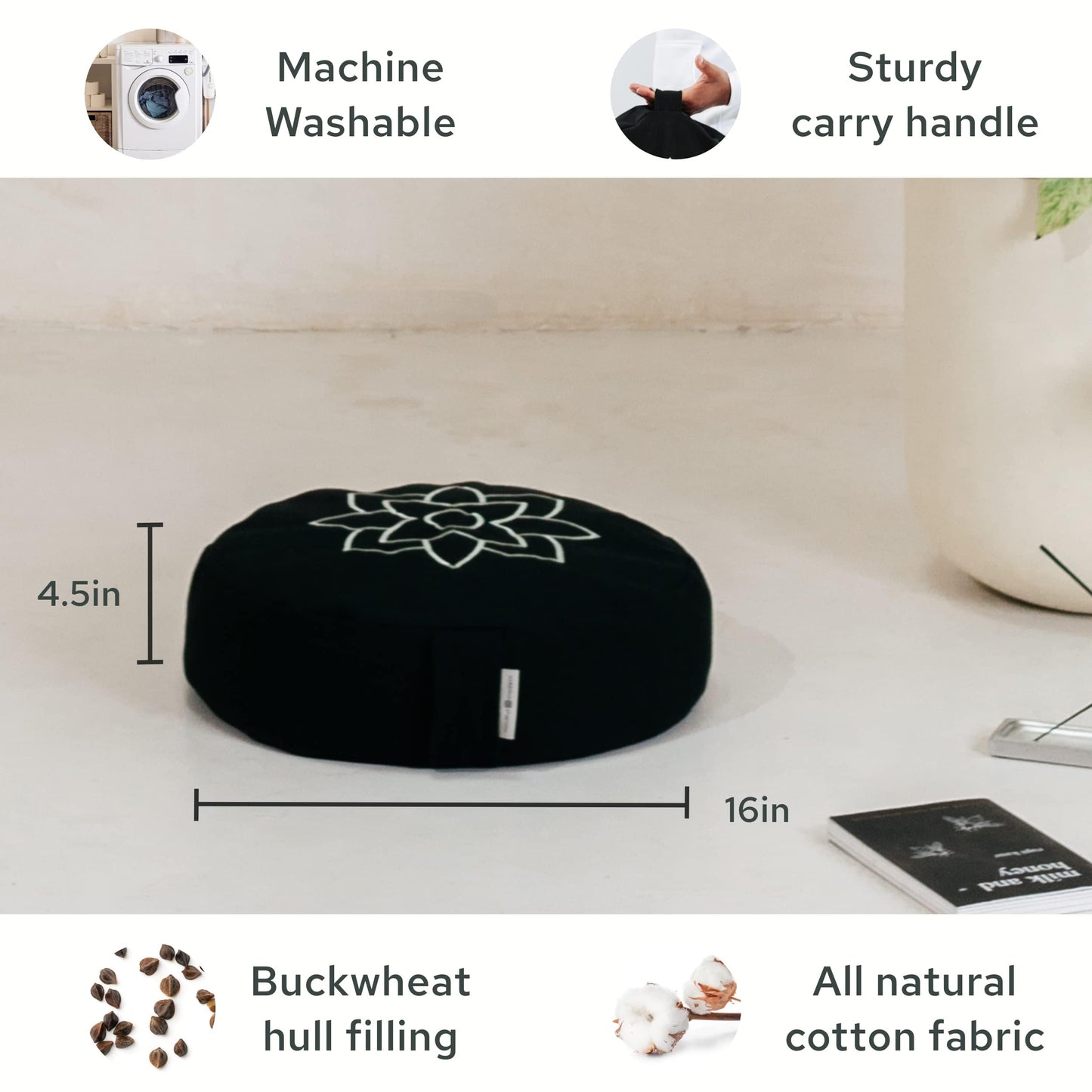 Mindful & Modern Large Meditation Cushion for Zafu Yoga - Meditation Pillow for Sitting on the Floor - Buckwheat Hull Filled Yoga Cushion with Removable, Washable 100% Cotton Cover and Carry Handle