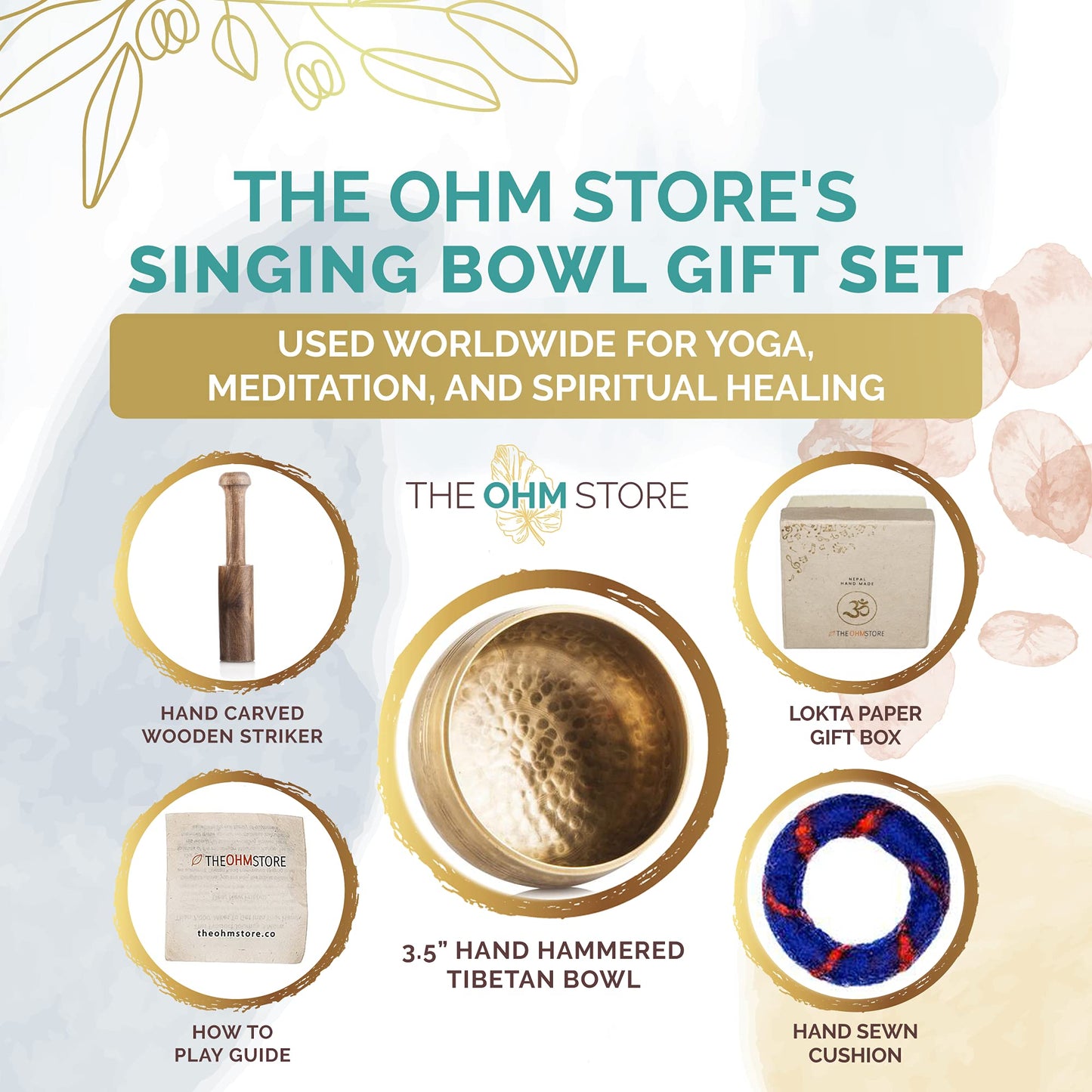 Ohm Store Tibetan Singing Bowl Set — Meditation Sound Bowl Handcrafted in Nepal for Yoga, Chakra Healing, Mindfulness, and Stress Relief — Unique Spiritual Gifts for Women and Men