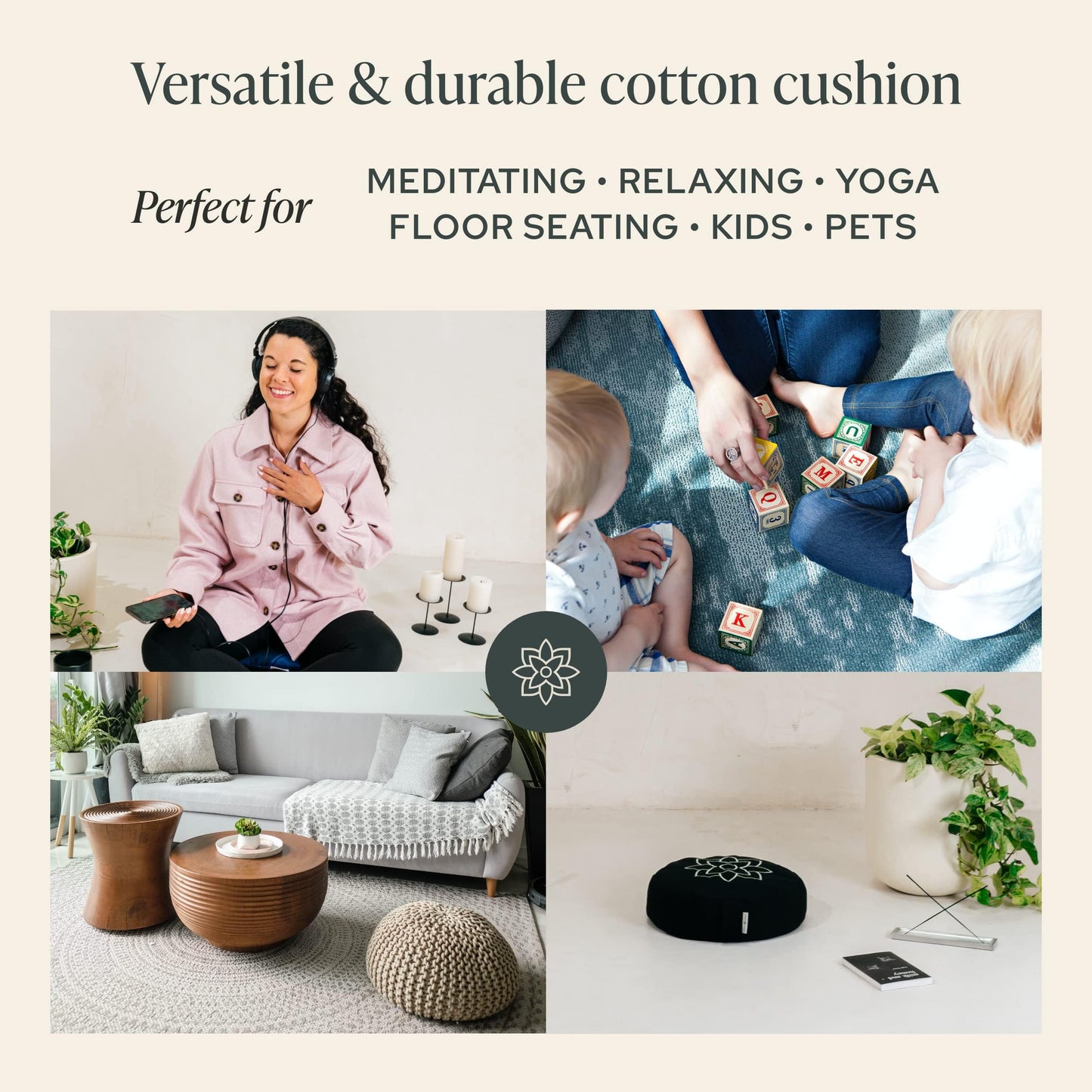 Mindful & Modern Large Meditation Cushion for Zafu Yoga - Meditation Pillow for Sitting on the Floor - Buckwheat Hull Filled Yoga Cushion with Removable, Washable 100% Cotton Cover and Carry Handle
