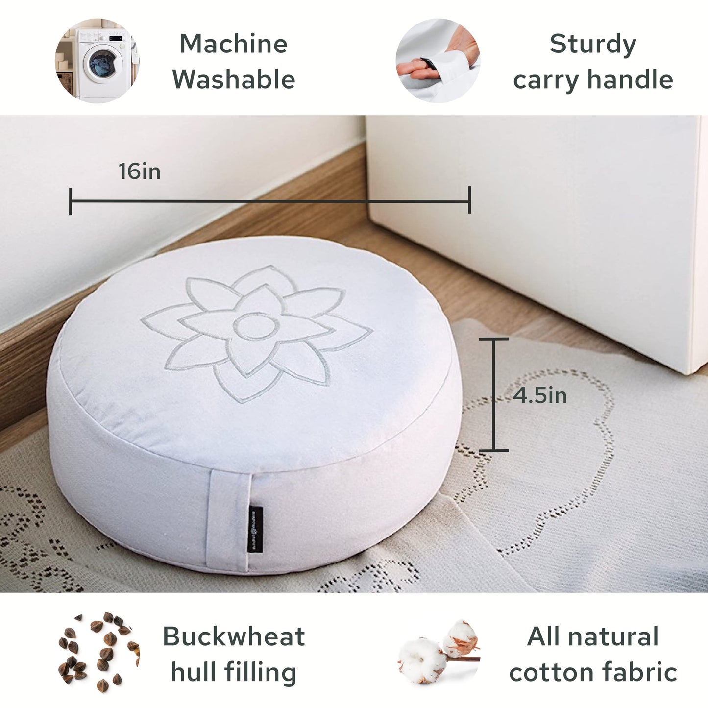 Mindful & Modern Large Meditation Cushion for Zafu Yoga - Meditation Pillow for Sitting on the Floor - Buckwheat Hull Filled Yoga Cushion with Removable, Washable 100% Cotton Cover and Carry Handle