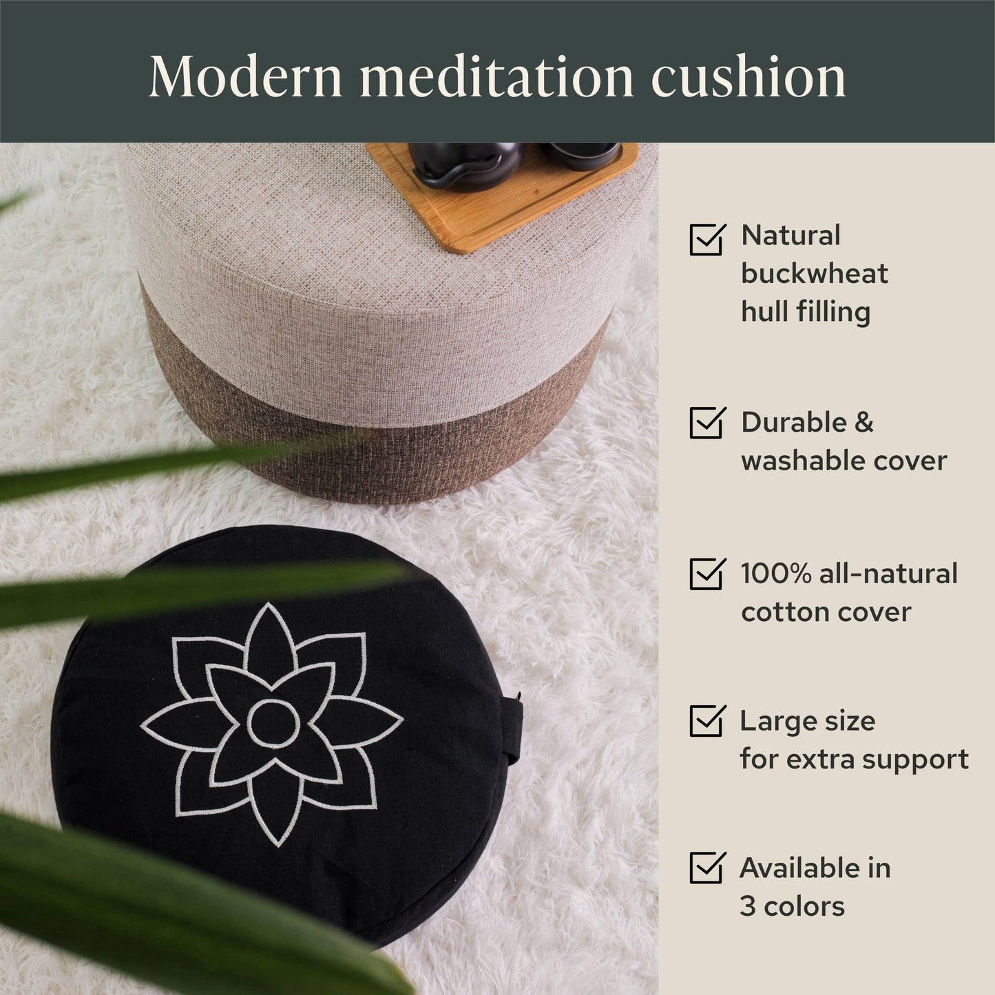 Mindful & Modern Large Meditation Cushion for Zafu Yoga - Meditation Pillow for Sitting on the Floor - Buckwheat Hull Filled Yoga Cushion with Removable, Washable 100% Cotton Cover and Carry Handle