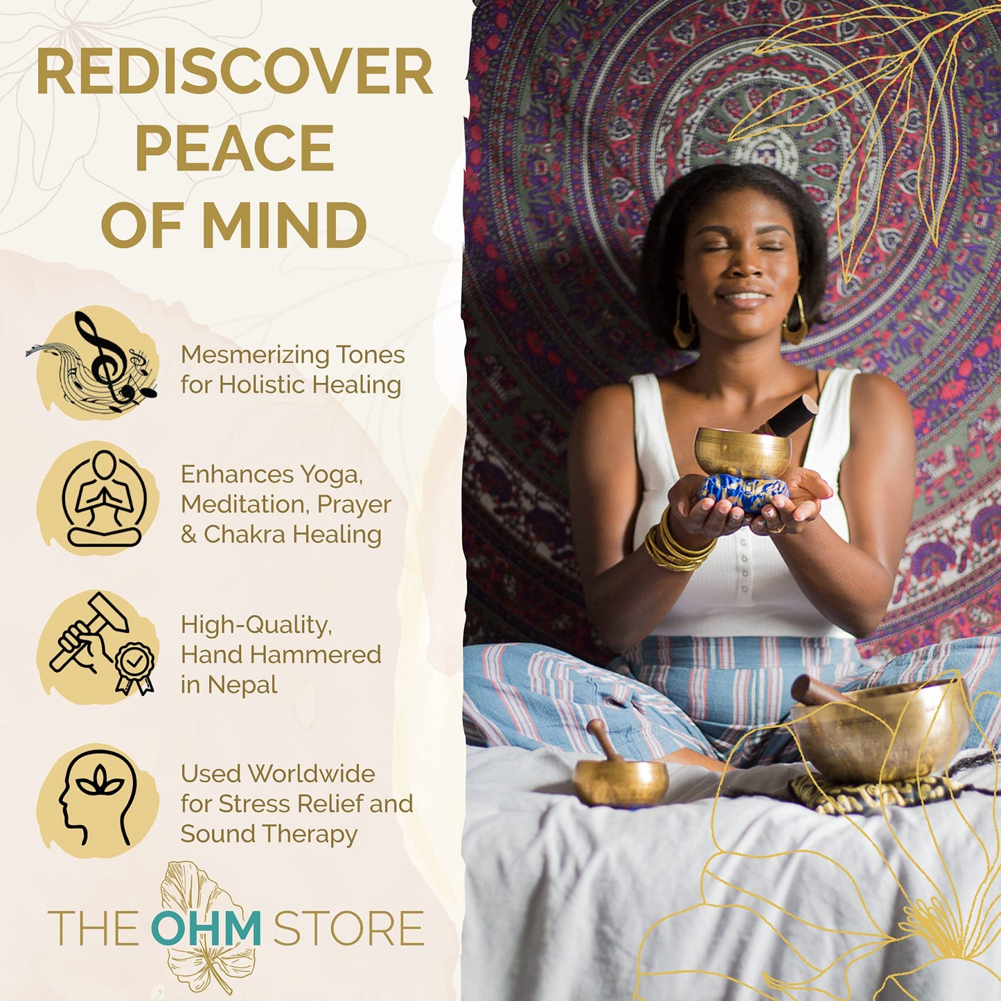 Ohm Store Tibetan Singing Bowl Set — Meditation Sound Bowl Handcrafted in Nepal for Yoga, Chakra Healing, Mindfulness, and Stress Relief — Unique Spiritual Gifts for Women and Men