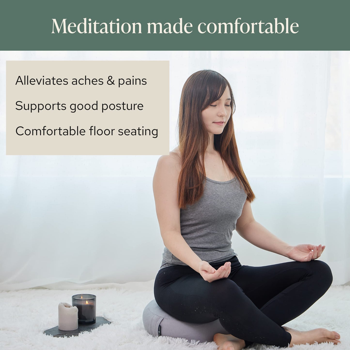 Mindful & Modern Large Meditation Cushion for Zafu Yoga - Meditation Pillow for Sitting on the Floor - Buckwheat Hull Filled Yoga Cushion with Removable, Washable 100% Cotton Cover and Carry Handle