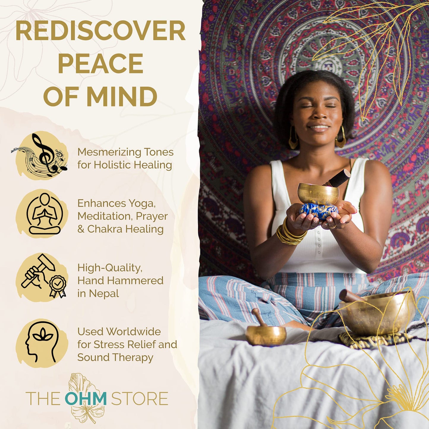 Ohm Store Tibetan Singing Bowl Set — Meditation Sound Bowl Handcrafted in Nepal for Yoga, Chakra Healing, Mindfulness, and Stress Relief — Unique Spiritual Gifts for Women and Men