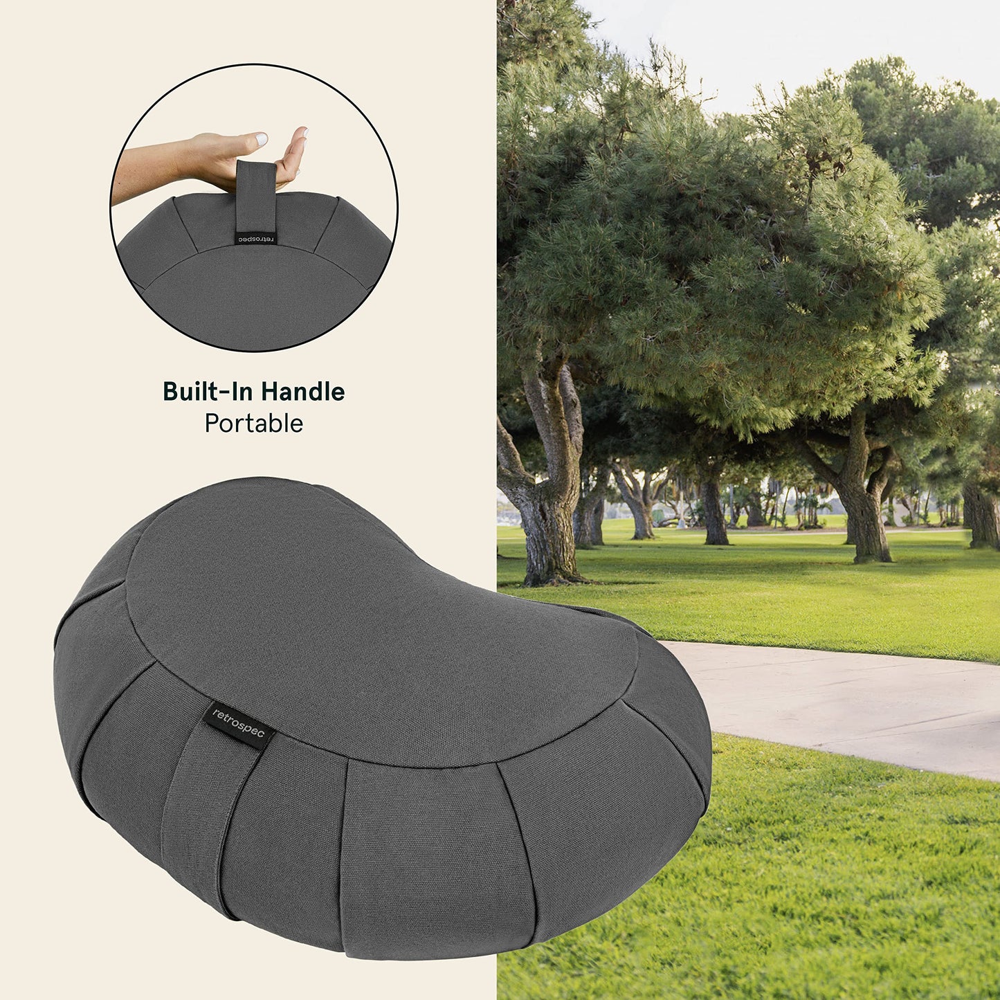 Retrospec Sedona Zafu Meditation Cushion Filled w/Buckwheat Hulls - Yoga Pillow for Meditation Practices - Machine Washable 100% Cotton Cover & Durable Carry Handle; Crescent, Basil