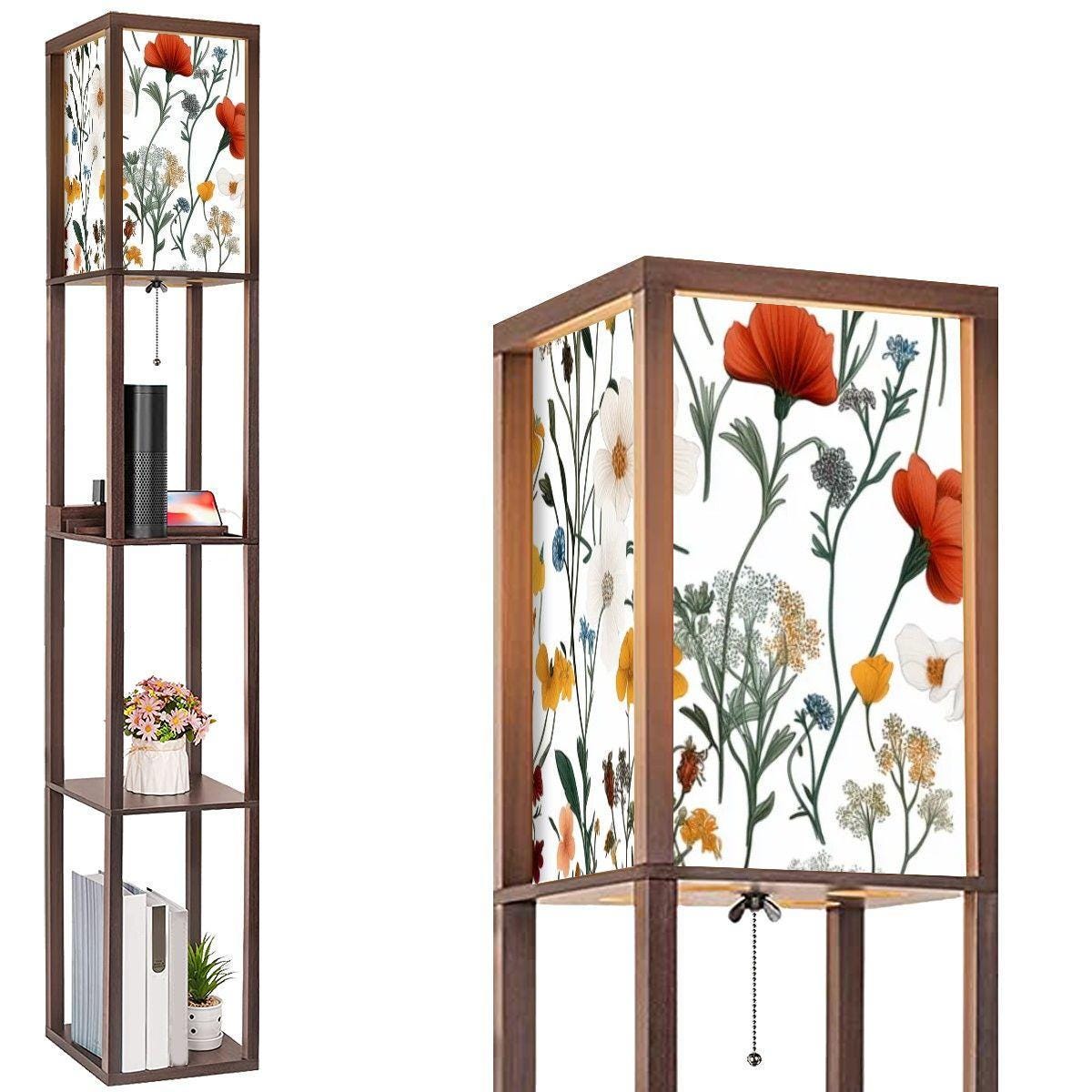 Colorful Chinoiserie Floor Lamp & Shelves - Unique Wildflower Design, Boho Home Decor, Accent Lighting for Living Room