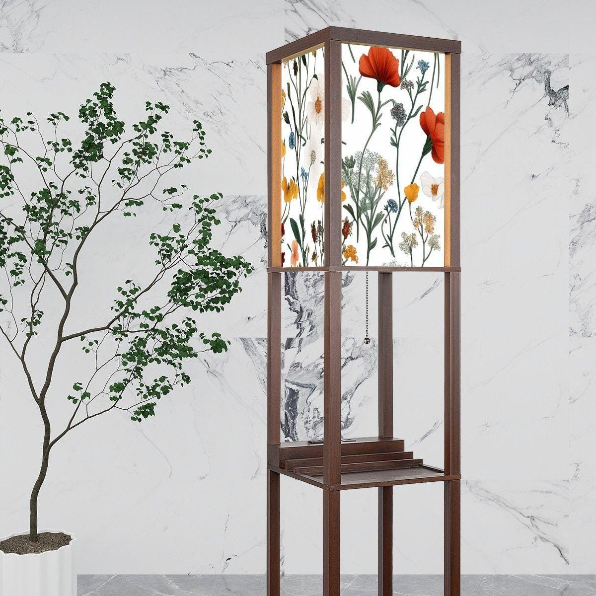 Colorful Chinoiserie Floor Lamp & Shelves - Unique Wildflower Design, Boho Home Decor, Accent Lighting for Living Room