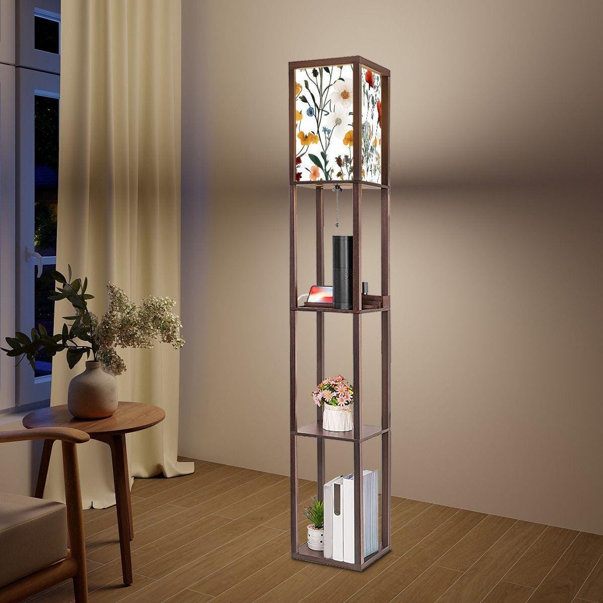 Colorful Chinoiserie Floor Lamp & Shelves - Unique Wildflower Design, Boho Home Decor, Accent Lighting for Living Room