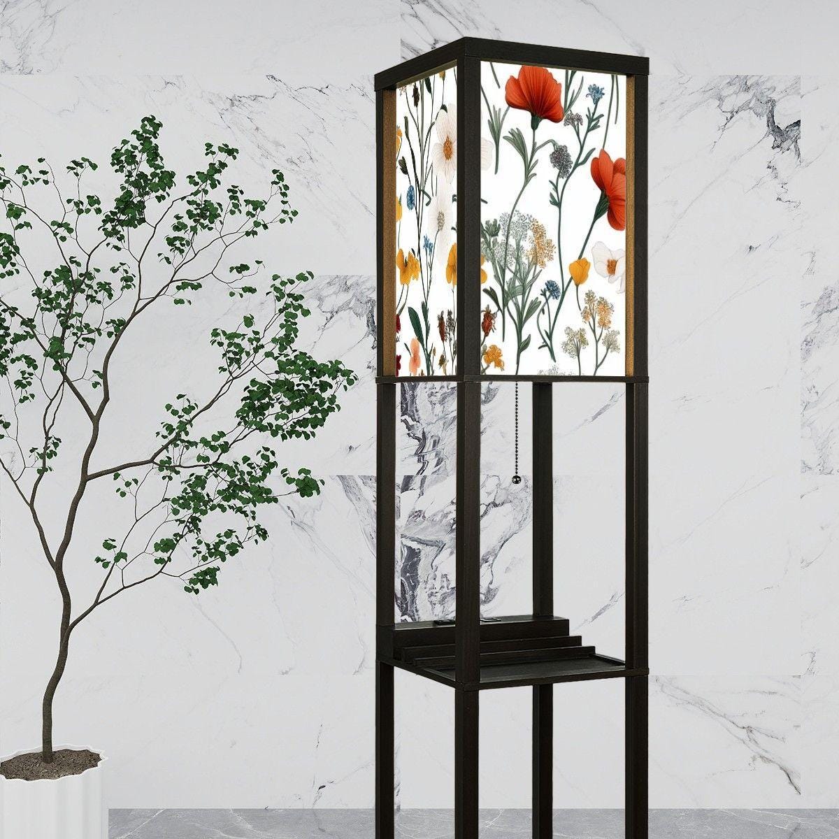 Colorful Chinoiserie Floor Lamp & Shelves - Unique Wildflower Design, Boho Home Decor, Accent Lighting for Living Room