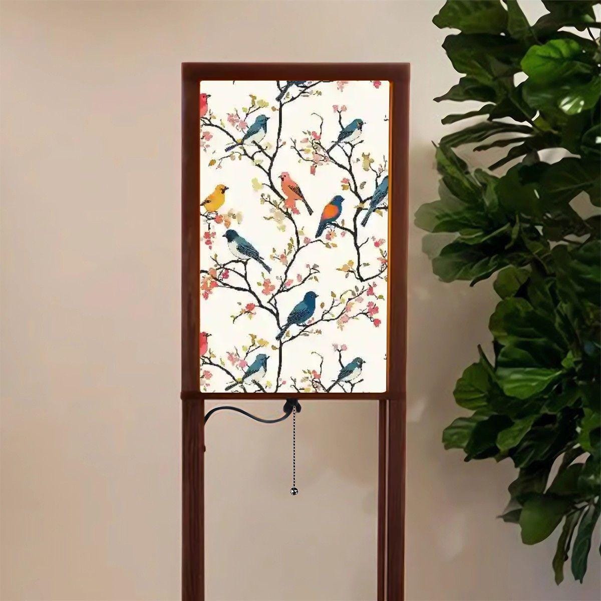 Vintage Birds Floor Lamp with Shelves - Unique Home Décor, Functional Lighting & Display, Retro Style Accent Furniture