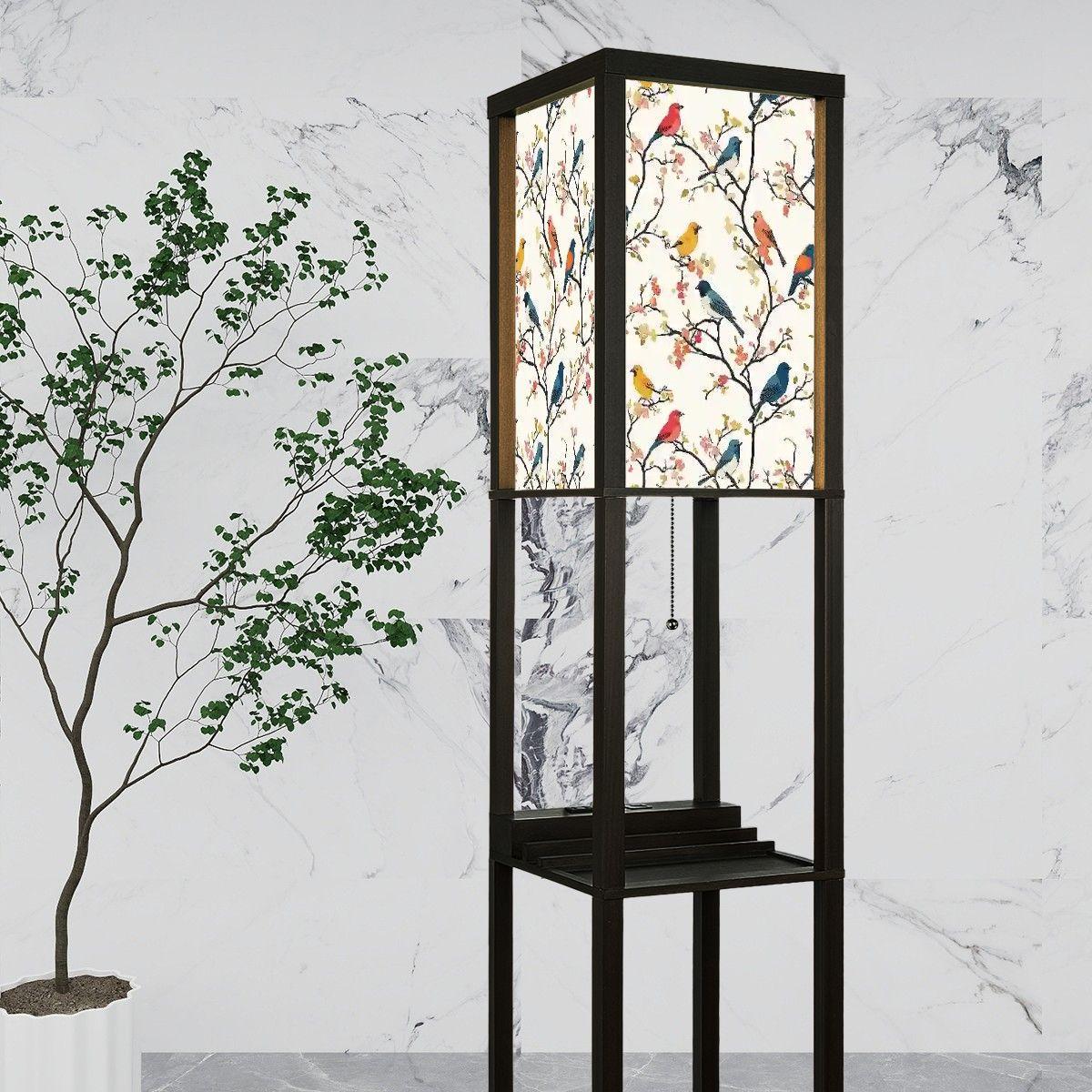 Vintage Birds Floor Lamp with Shelves - Unique Home Décor, Functional Lighting & Display, Retro Style Accent Furniture