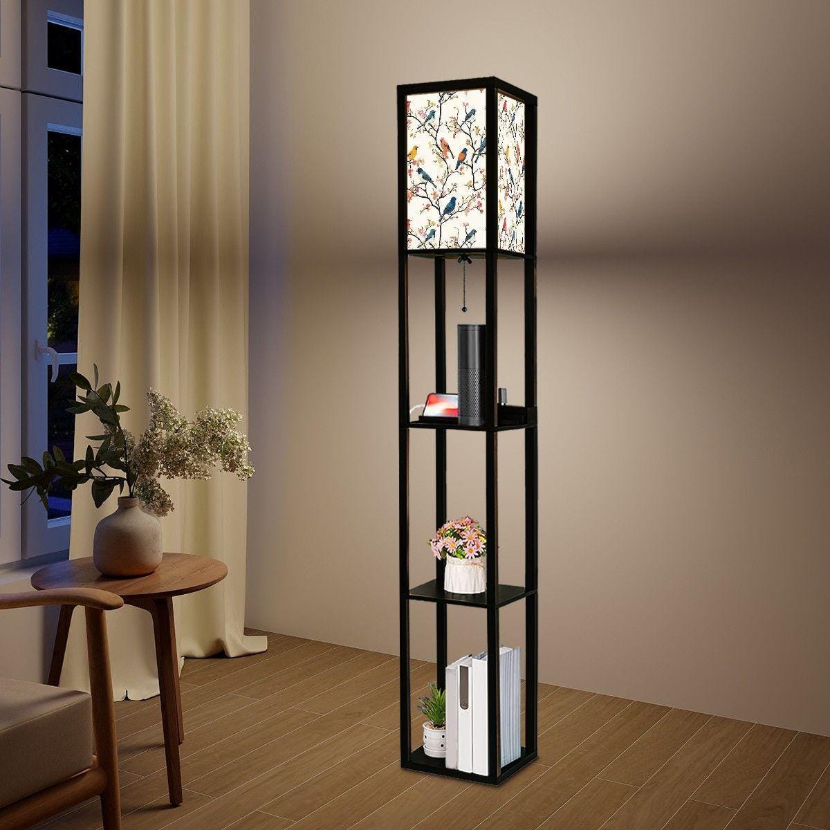 Vintage Birds Floor Lamp with Shelves - Unique Home Décor, Functional Lighting & Display, Retro Style Accent Furniture