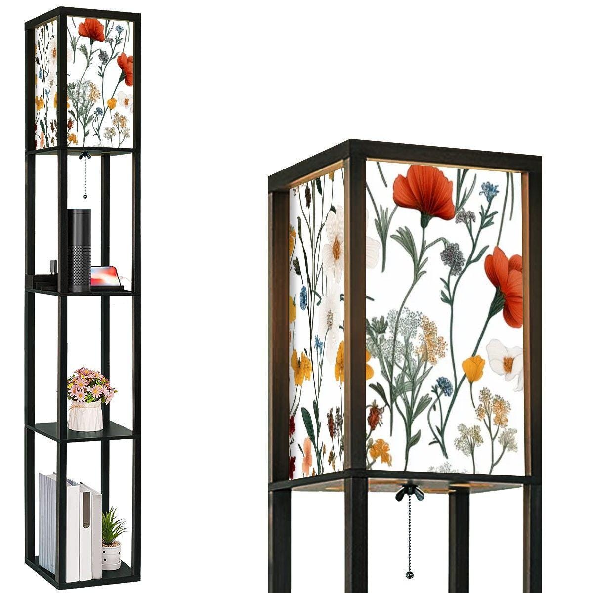 Colorful Chinoiserie Floor Lamp & Shelves - Unique Wildflower Design, Boho Home Decor, Accent Lighting for Living Room