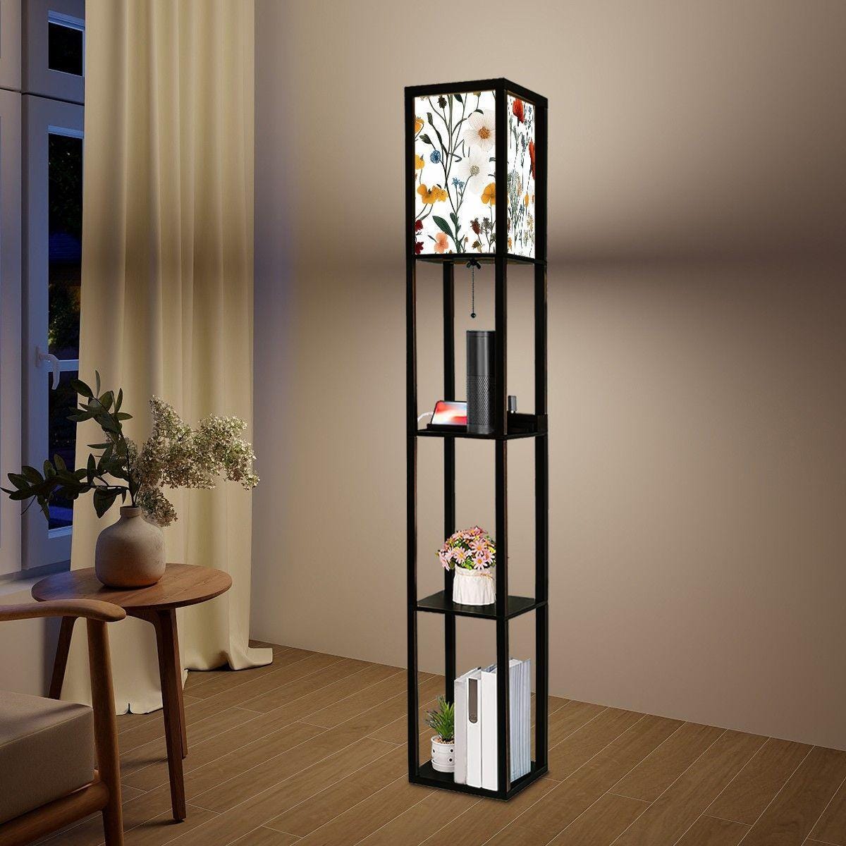 Colorful Chinoiserie Floor Lamp & Shelves - Unique Wildflower Design, Boho Home Decor, Accent Lighting for Living Room