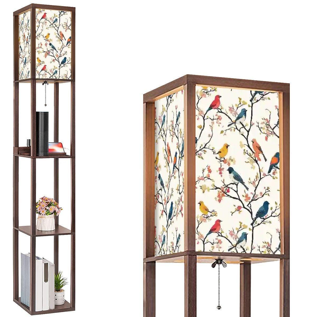 Vintage Birds Floor Lamp with Shelves - Unique Home Décor, Functional Lighting & Display, Retro Style Accent Furniture