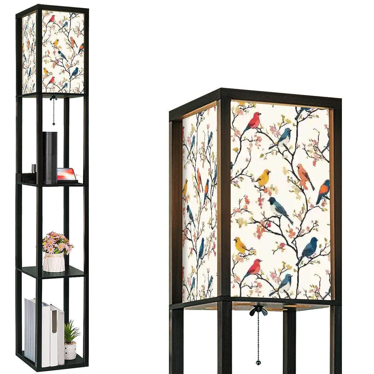 Vintage Birds Floor Lamp with Shelves - Unique Home Décor, Functional Lighting & Display, Retro Style Accent Furniture