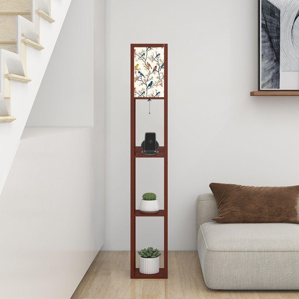 Vintage Birds Floor Lamp with Shelves - Unique Home Décor, Functional Lighting & Display, Retro Style Accent Furniture