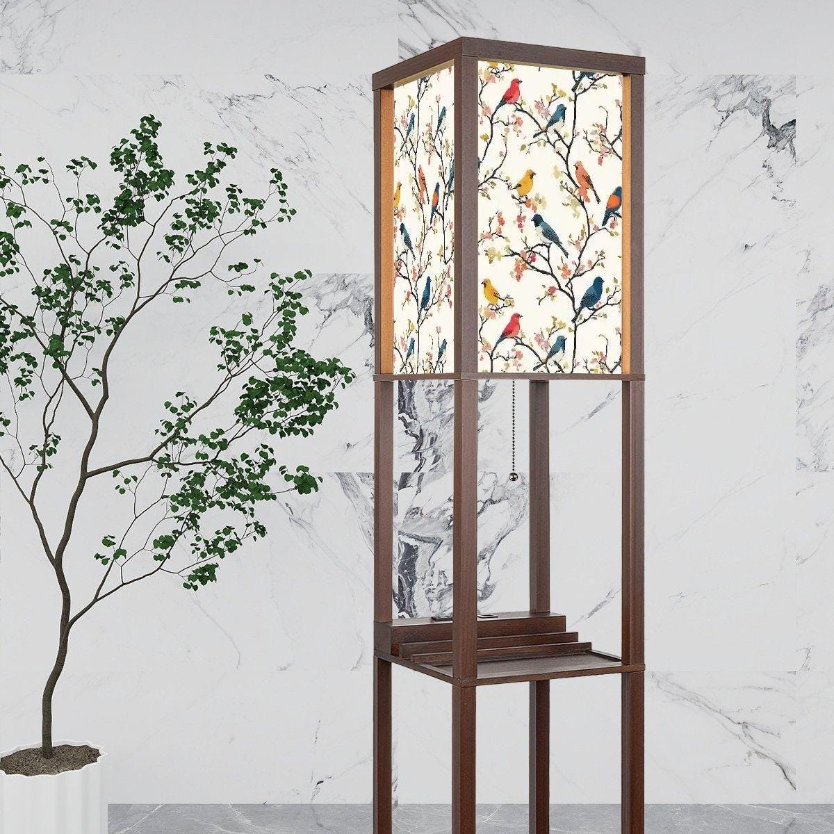 Vintage Birds Floor Lamp with Shelves - Unique Home Décor, Functional Lighting & Display, Retro Style Accent Furniture