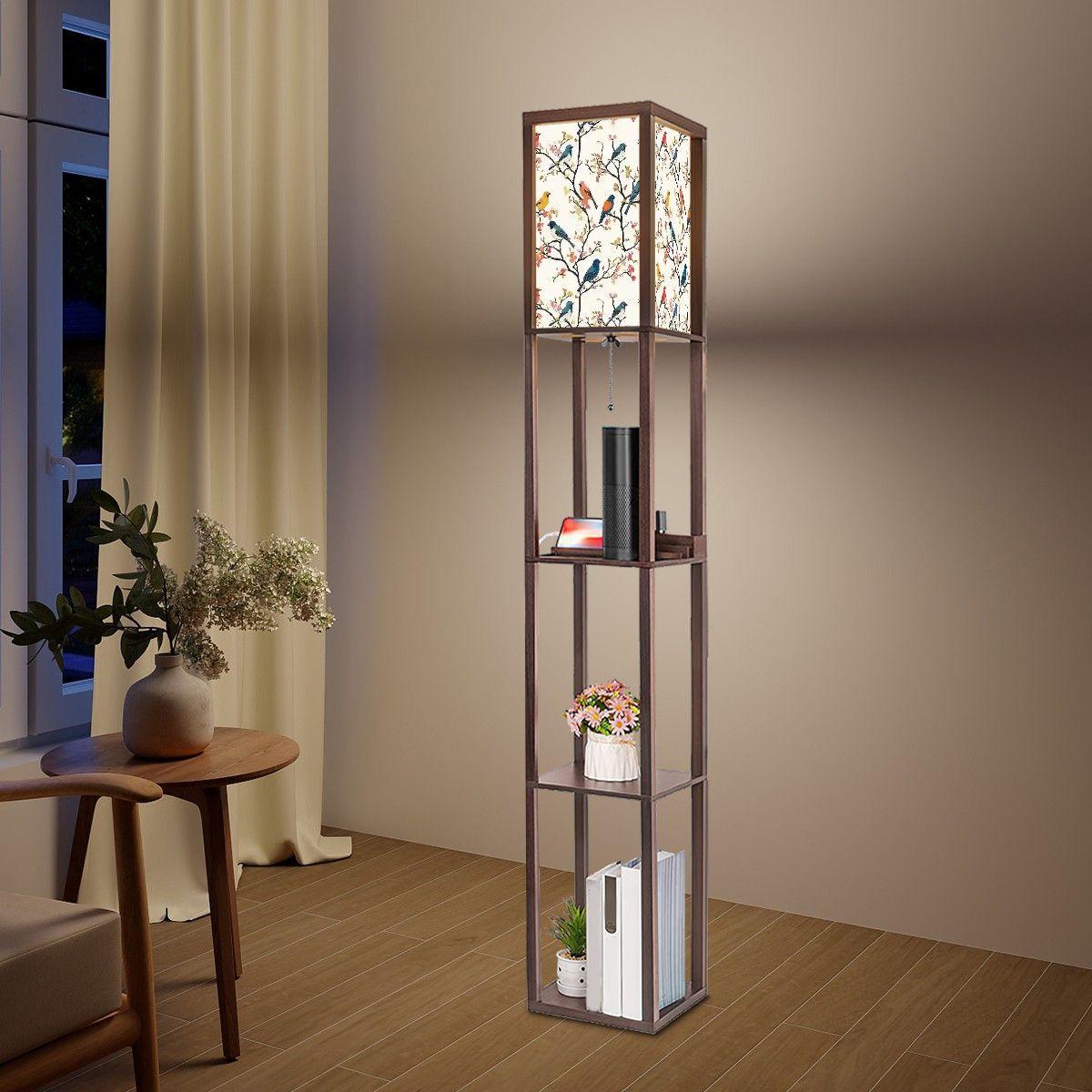 Vintage Birds Floor Lamp with Shelves - Unique Home Décor, Functional Lighting & Display, Retro Style Accent Furniture
