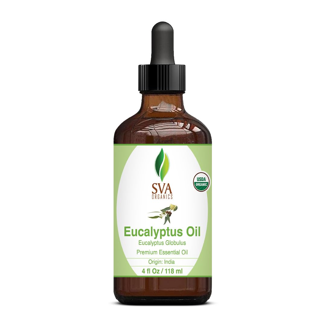 SVA Eucalyptus Essential Oil Organic – 4 Fl Oz – 100% Natural Organic Eucalyptus Oil - for Diffuser, Hair, Face, Skin Care, Aromatherapy, Scalp and Body Massage, Soap and Candle Making - with Dropper