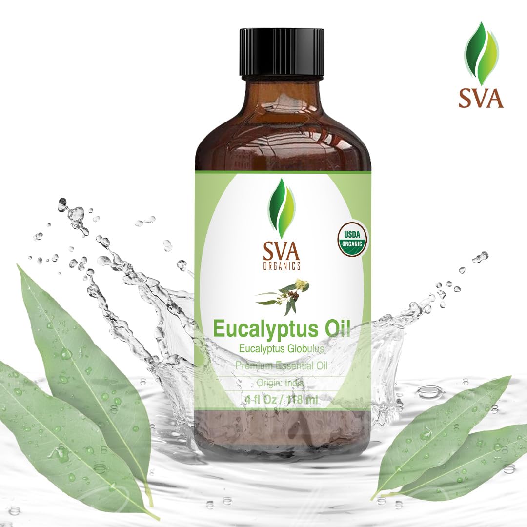 SVA Eucalyptus Essential Oil Organic – 4 Fl Oz – 100% Natural Organic Eucalyptus Oil - for Diffuser, Hair, Face, Skin Care, Aromatherapy, Scalp and Body Massage, Soap and Candle Making - with Dropper