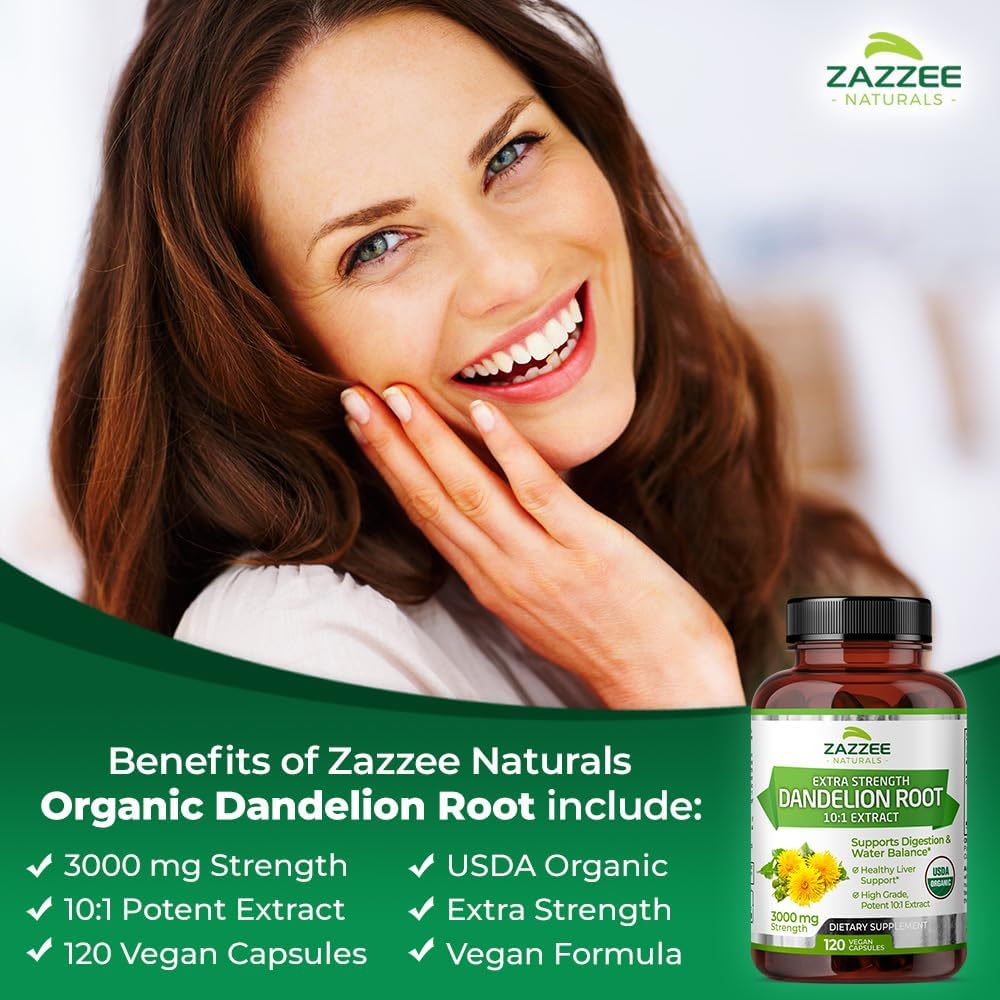 Zazzee USDA Organic Dandelion Root 10:1 Extract, 3000 mg Strength, 120 Capsules, 4 Month Supply, Standardized and Concentrated 10X Extract, 100% Vegetarian, All-Natural and Non-GMO