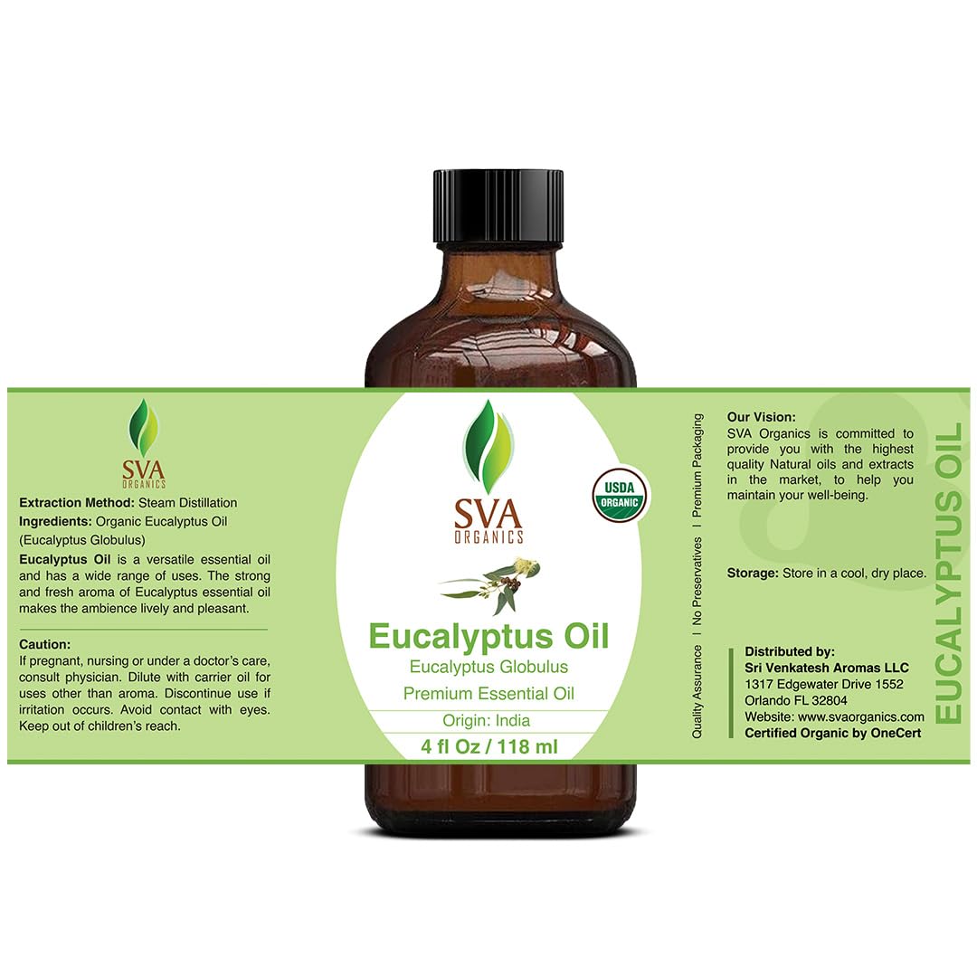 SVA Eucalyptus Essential Oil Organic – 4 Fl Oz – 100% Natural Organic Eucalyptus Oil - for Diffuser, Hair, Face, Skin Care, Aromatherapy, Scalp and Body Massage, Soap and Candle Making - with Dropper