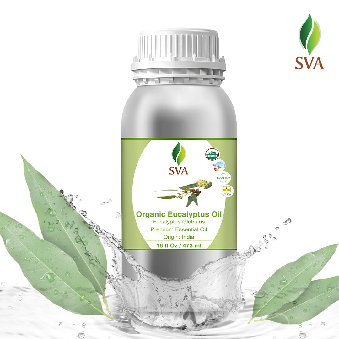 SVA Eucalyptus Essential Oil Organic – 4 Fl Oz – 100% Natural Organic Eucalyptus Oil - for Diffuser, Hair, Face, Skin Care, Aromatherapy, Scalp and Body Massage, Soap and Candle Making - with Dropper