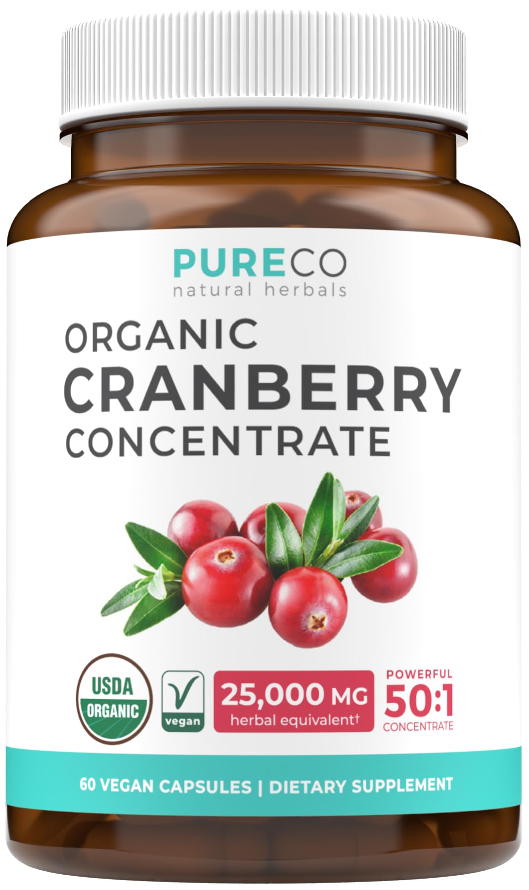 Organic Cranberry Pills - 50:1 Concentrate Equals 25,000mg of Fresh Cranberries (Vegan) for Urinary Tract Health & Kidney Cleanse - Cranberry Pills for Women - UTI Support Supplement - 60 Capsules