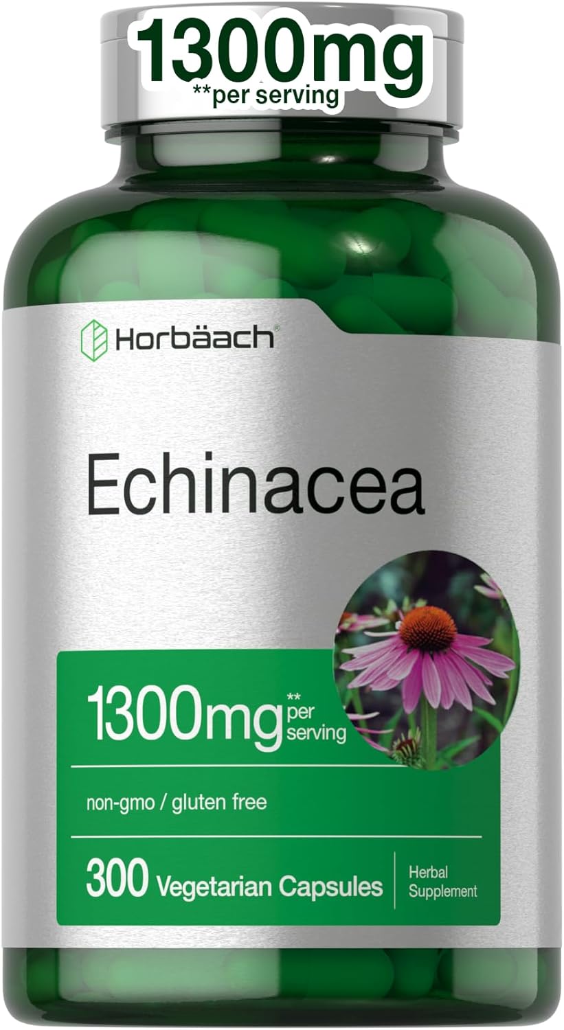 Horbäach Echinacea Extract Capsules 1300mg | 300 Count | Vegan, Non-GMO, Gluten Free Supplement