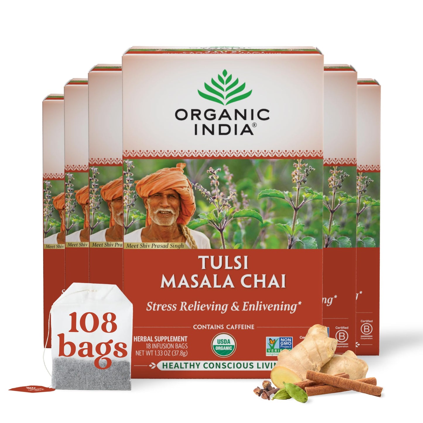 ORGANIC INDIA Original Tulsi Tea - Herbal Tea, Holy Basil and African Basil Calming and Stress Relief Tea, Immune Support, USDA Certified Organic, Non-GMO, Caffeine-Free - 18 Infusion Bags, 2 Pack