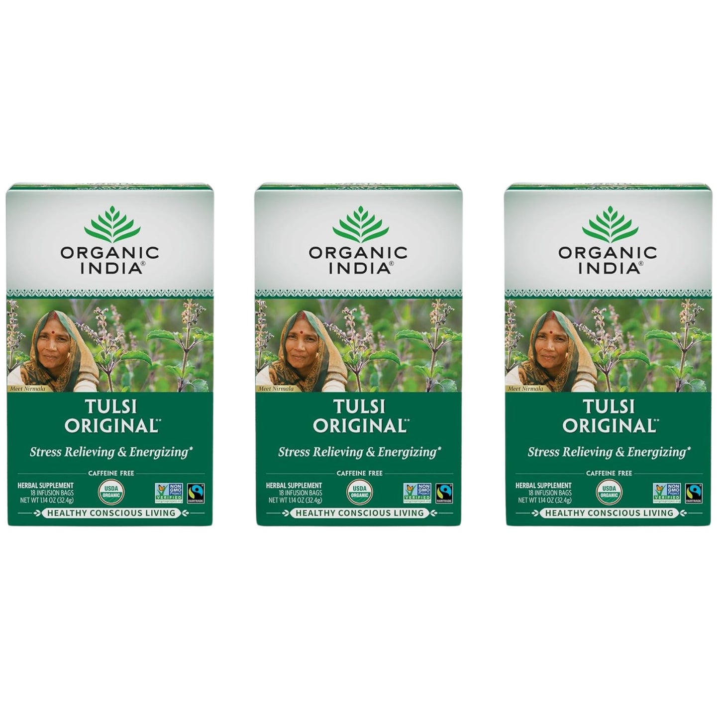 ORGANIC INDIA Original Tulsi Tea - Herbal Tea, Holy Basil and African Basil Calming and Stress Relief Tea, Immune Support, USDA Certified Organic, Non-GMO, Caffeine-Free - 18 Infusion Bags, 2 Pack