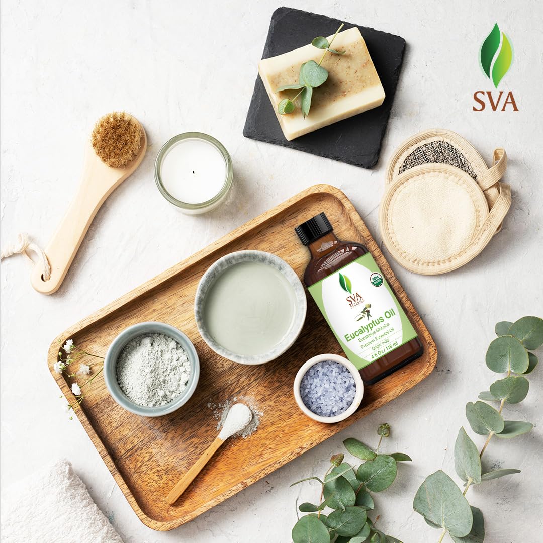 SVA Eucalyptus Essential Oil Organic – 4 Fl Oz – 100% Natural Organic Eucalyptus Oil - for Diffuser, Hair, Face, Skin Care, Aromatherapy, Scalp and Body Massage, Soap and Candle Making - with Dropper