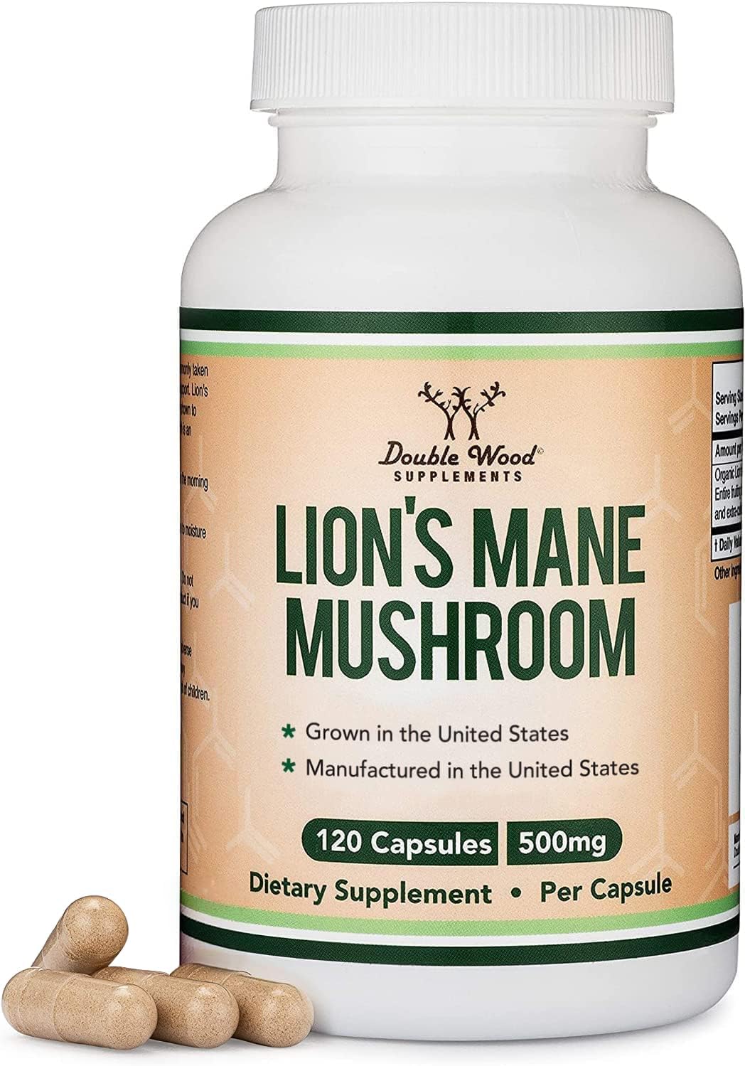 Organic Lions Mane Supplement - Grown in The USA - Two Month Supply - 120 Count - Mushroom Supplement for Brain Support and Immune Health (Third Party Tested) by Double Wood