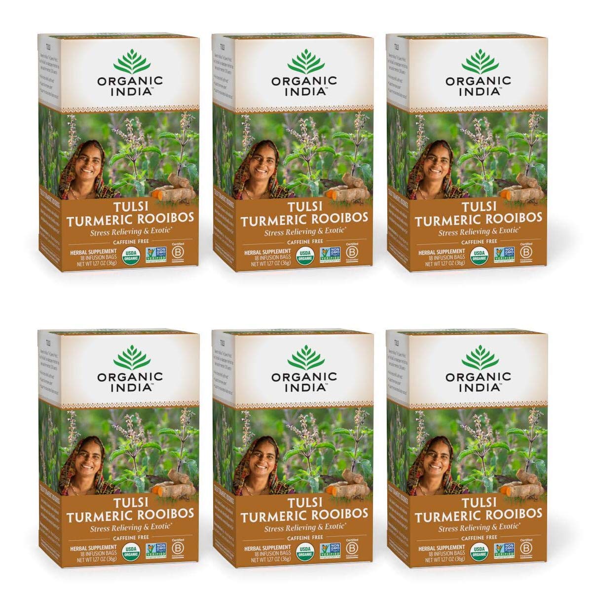 ORGANIC INDIA Original Tulsi Tea - Herbal Tea, Holy Basil and African Basil Calming and Stress Relief Tea, Immune Support, USDA Certified Organic, Non-GMO, Caffeine-Free - 18 Infusion Bags, 2 Pack