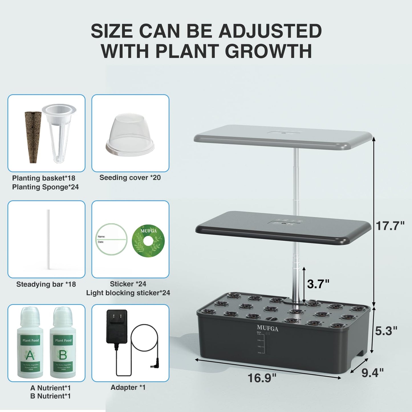 Hydroponics Growing System Herb Garden - MUFGA 18 Pods Indoor Gardening System with LED Grow Light, Plants Germination Kit(No Seeds) with Pump System, Adjustable Height Up to 17.7" for Home, Black