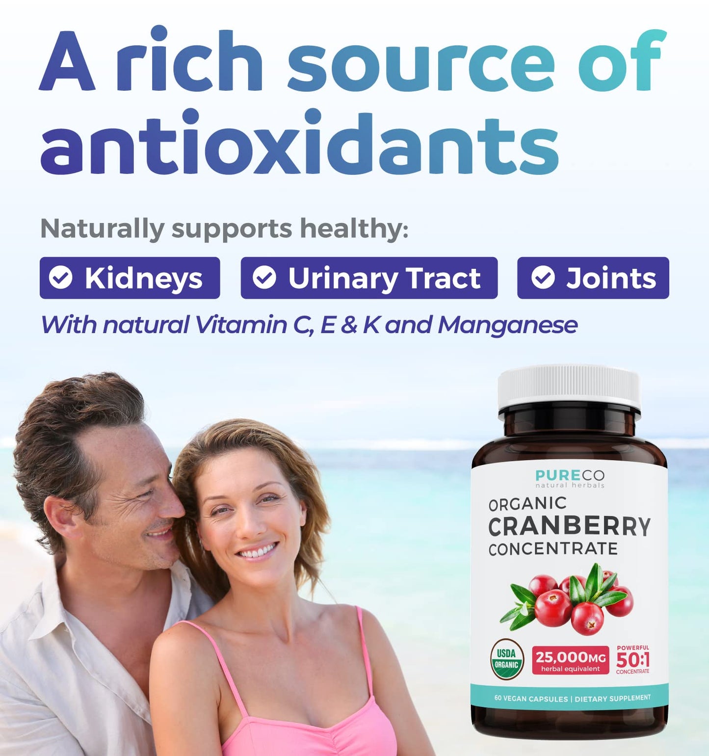 Organic Cranberry Pills - 50:1 Concentrate Equals 25,000mg of Fresh Cranberries (Vegan) for Urinary Tract Health & Kidney Cleanse - Cranberry Pills for Women - UTI Support Supplement - 60 Capsules