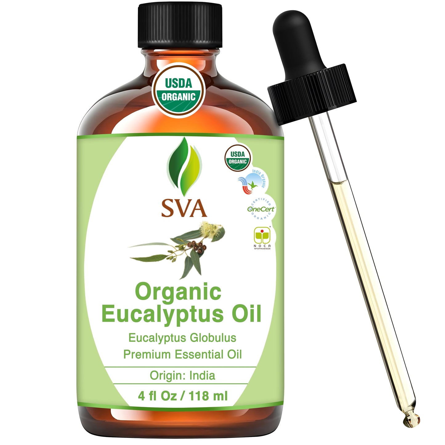 SVA Eucalyptus Essential Oil Organic – 4 Fl Oz – 100% Natural Organic Eucalyptus Oil - for Diffuser, Hair, Face, Skin Care, Aromatherapy, Scalp and Body Massage, Soap and Candle Making - with Dropper