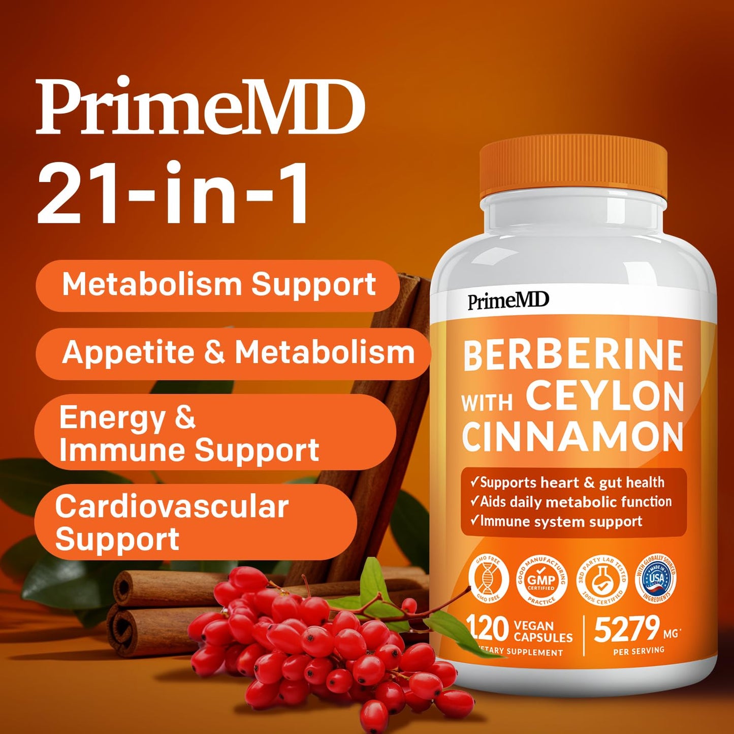 PrimeMD 21-in-1 Berberine Supplement with Ceylon Cinnamon - Berberine 1500mg with Chromium, Bitter Melon and Green Tea Extract - Berberine 5X for Energy & Metabolism Support with 5279 mg (120ct)