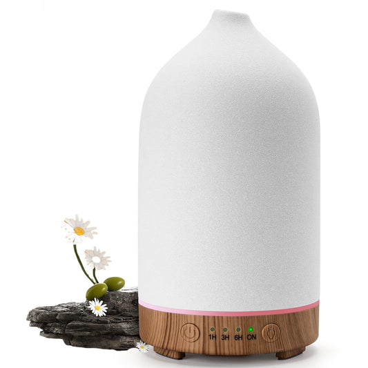 200ML Ceramic Diffuser,Aromatherapy Diffuser,Essential Oil Diffuser with 7 Color Lights Auto Shut Off for Home Office Room,Wood Grain Base (1/3/6/ON hrs Working time)