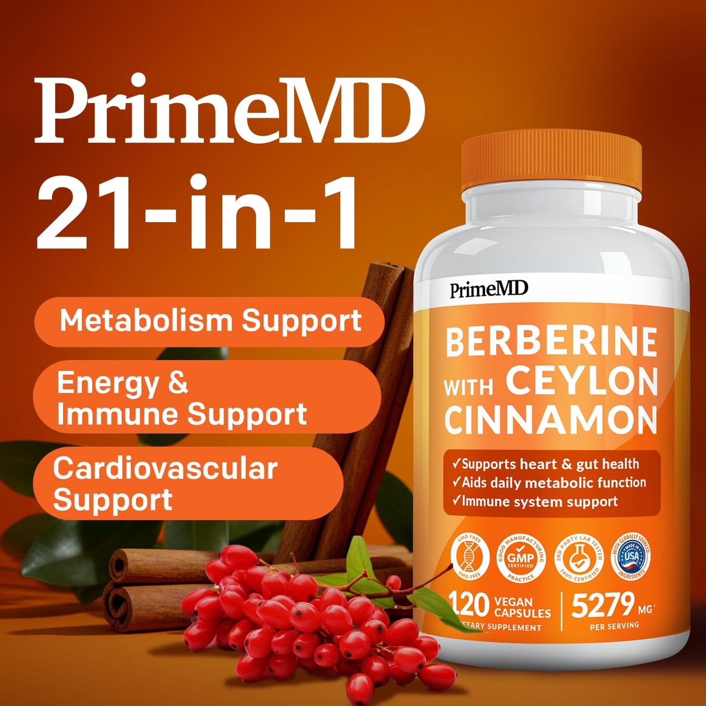 PrimeMD 21-in-1 Berberine Supplement with Ceylon Cinnamon - Berberine 1500mg with Chromium, Bitter Melon and Green Tea Extract - Berberine 5X for Energy & Metabolism Support with 5279 mg (120ct)