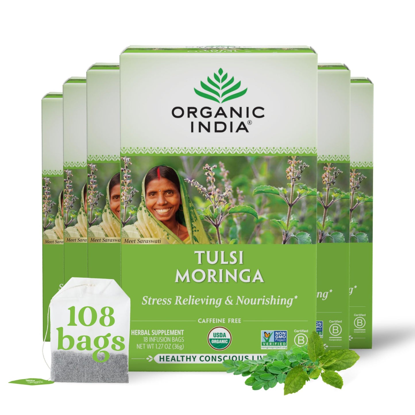 ORGANIC INDIA Original Tulsi Tea - Herbal Tea, Holy Basil and African Basil Calming and Stress Relief Tea, Immune Support, USDA Certified Organic, Non-GMO, Caffeine-Free - 18 Infusion Bags, 2 Pack