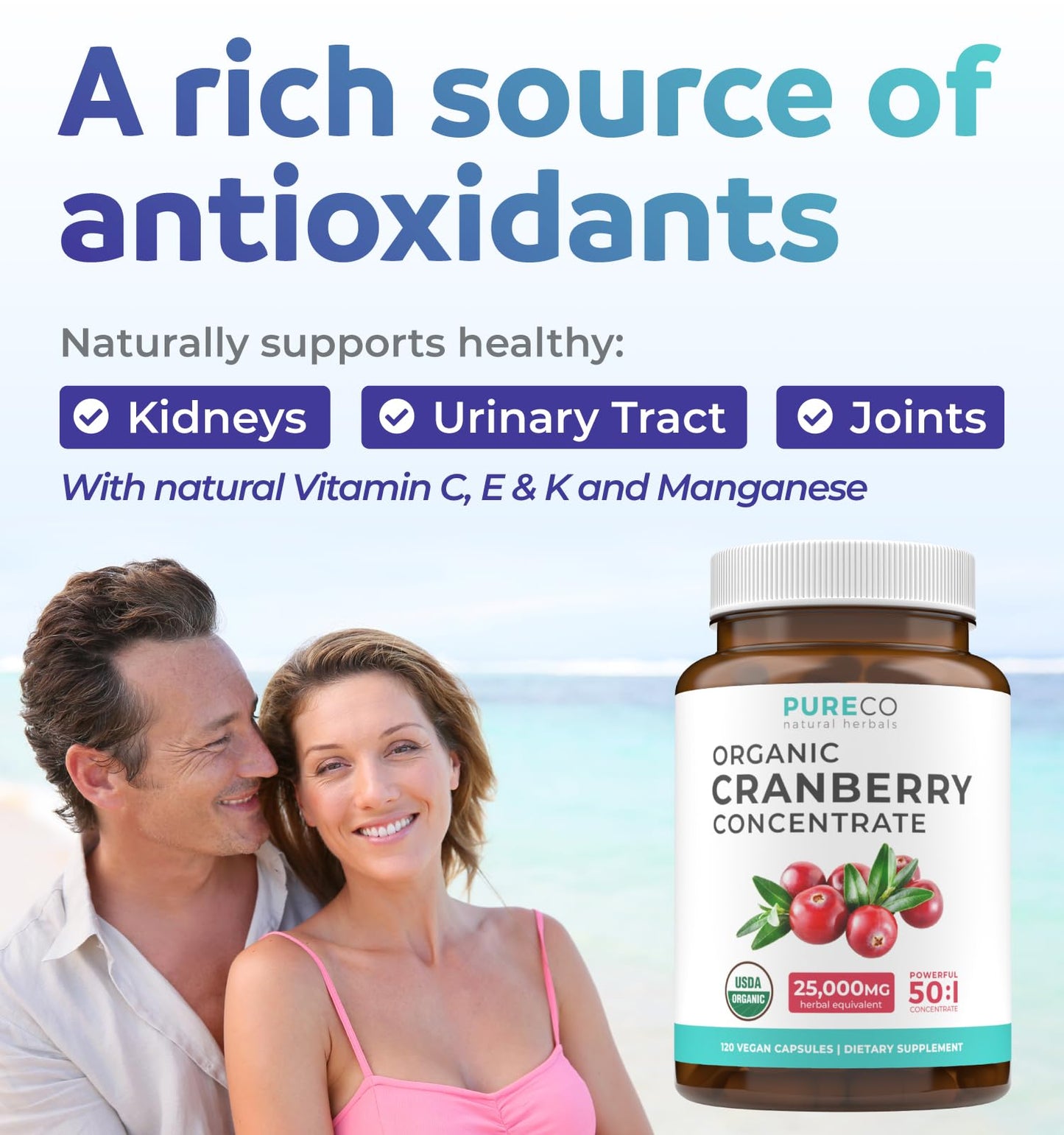 Organic Cranberry Pills - 50:1 Concentrate Equals 25,000mg of Fresh Cranberries (Vegan) for Urinary Tract Health & Kidney Cleanse - Cranberry Pills for Women - UTI Support Supplement - 60 Capsules