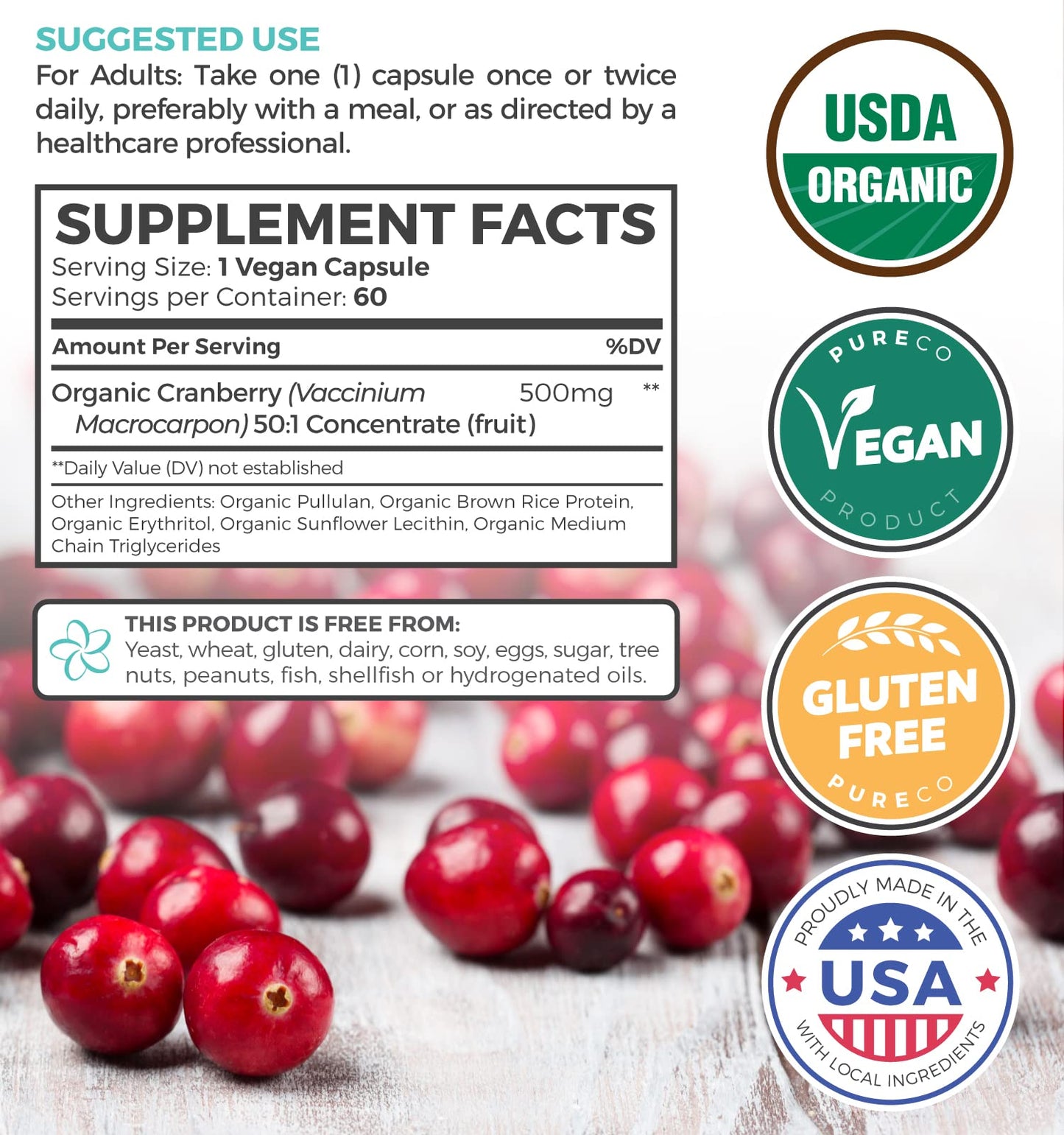 Organic Cranberry Pills - 50:1 Concentrate Equals 25,000mg of Fresh Cranberries (Vegan) for Urinary Tract Health & Kidney Cleanse - Cranberry Pills for Women - UTI Support Supplement - 60 Capsules