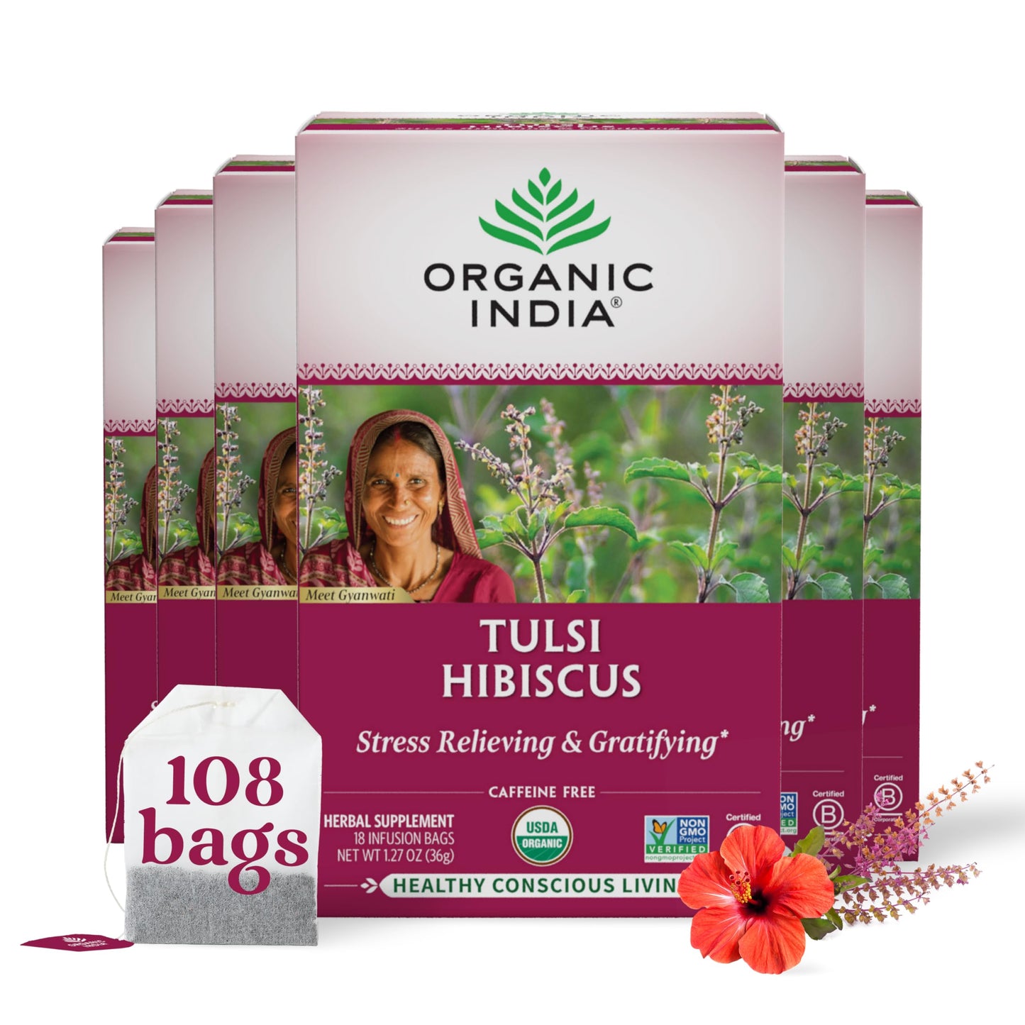 ORGANIC INDIA Original Tulsi Tea - Herbal Tea, Holy Basil and African Basil Calming and Stress Relief Tea, Immune Support, USDA Certified Organic, Non-GMO, Caffeine-Free - 18 Infusion Bags, 2 Pack