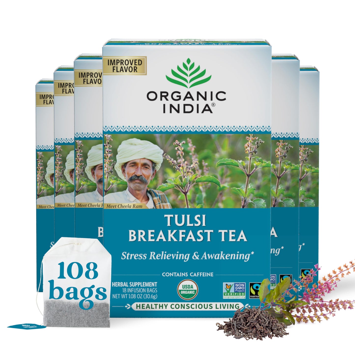 ORGANIC INDIA Original Tulsi Tea - Herbal Tea, Holy Basil and African Basil Calming and Stress Relief Tea, Immune Support, USDA Certified Organic, Non-GMO, Caffeine-Free - 18 Infusion Bags, 2 Pack