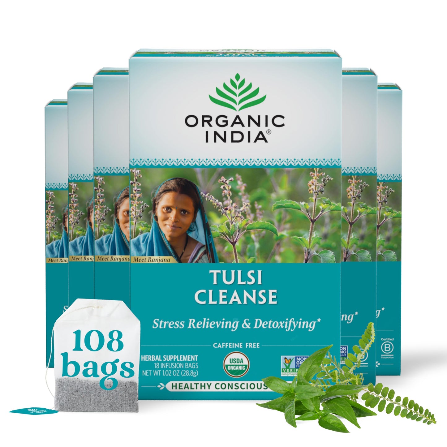 ORGANIC INDIA Original Tulsi Tea - Herbal Tea, Holy Basil and African Basil Calming and Stress Relief Tea, Immune Support, USDA Certified Organic, Non-GMO, Caffeine-Free - 18 Infusion Bags, 2 Pack