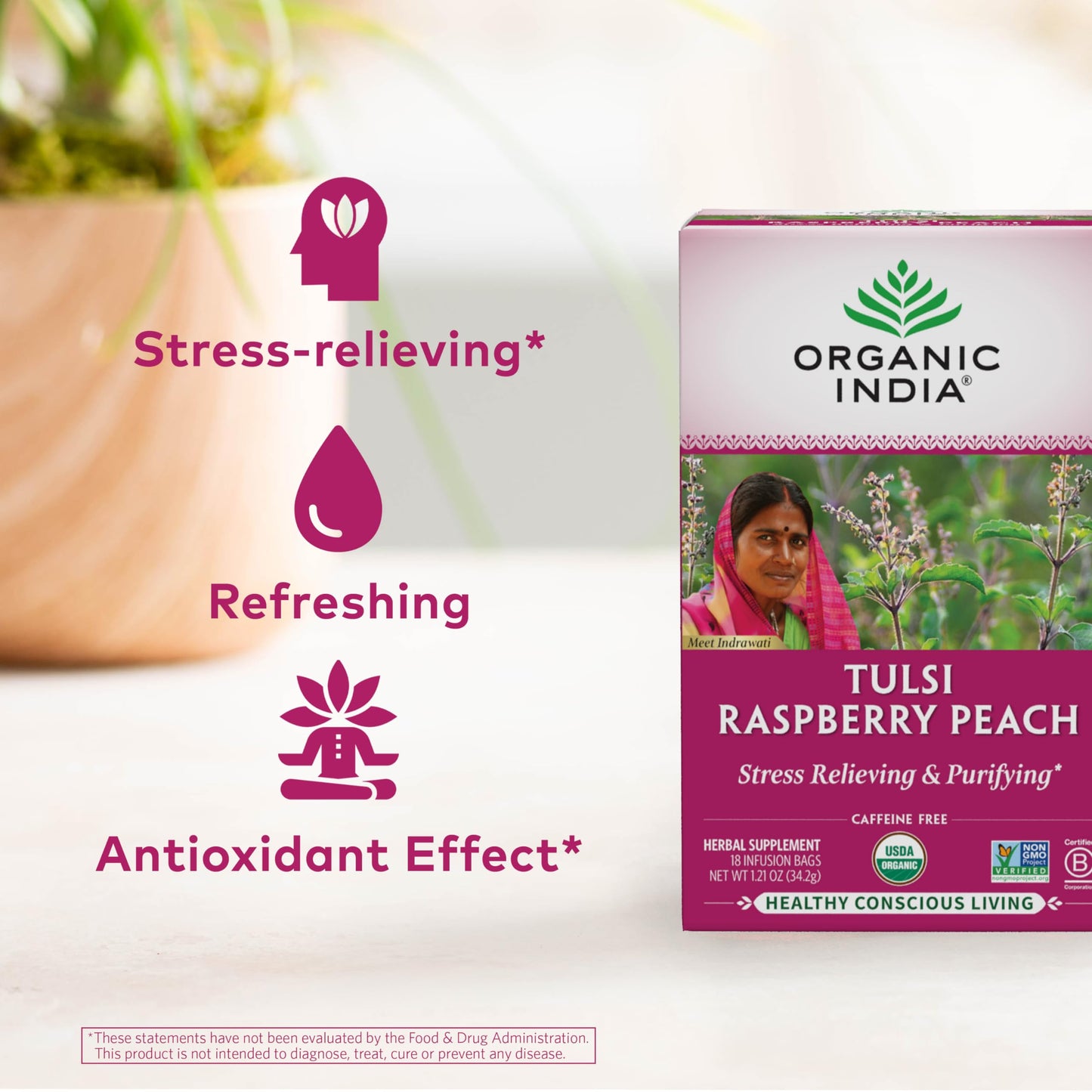 ORGANIC INDIA Original Tulsi Tea - Herbal Tea, Holy Basil and African Basil Calming and Stress Relief Tea, Immune Support, USDA Certified Organic, Non-GMO, Caffeine-Free - 18 Infusion Bags, 2 Pack